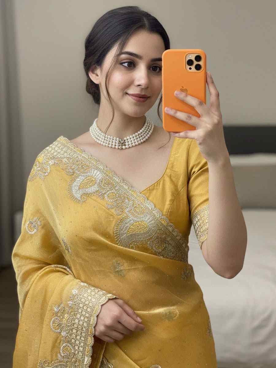 Mustard Fendy Satin Silk Embroidery Casual Reception Festival Wedding Fancy Heavy Border Sarees