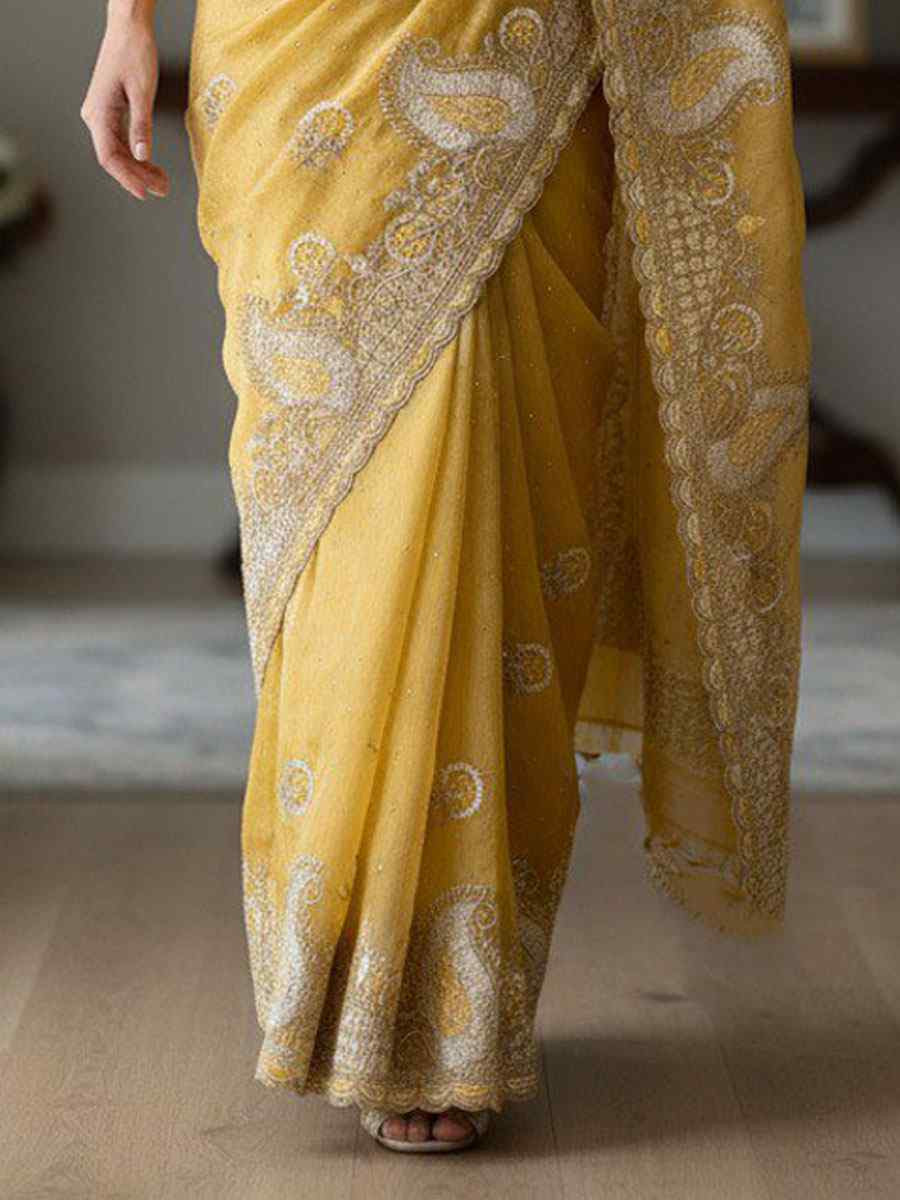 Mustard Fendy Satin Silk Embroidery Casual Reception Festival Wedding Fancy Heavy Border Sarees