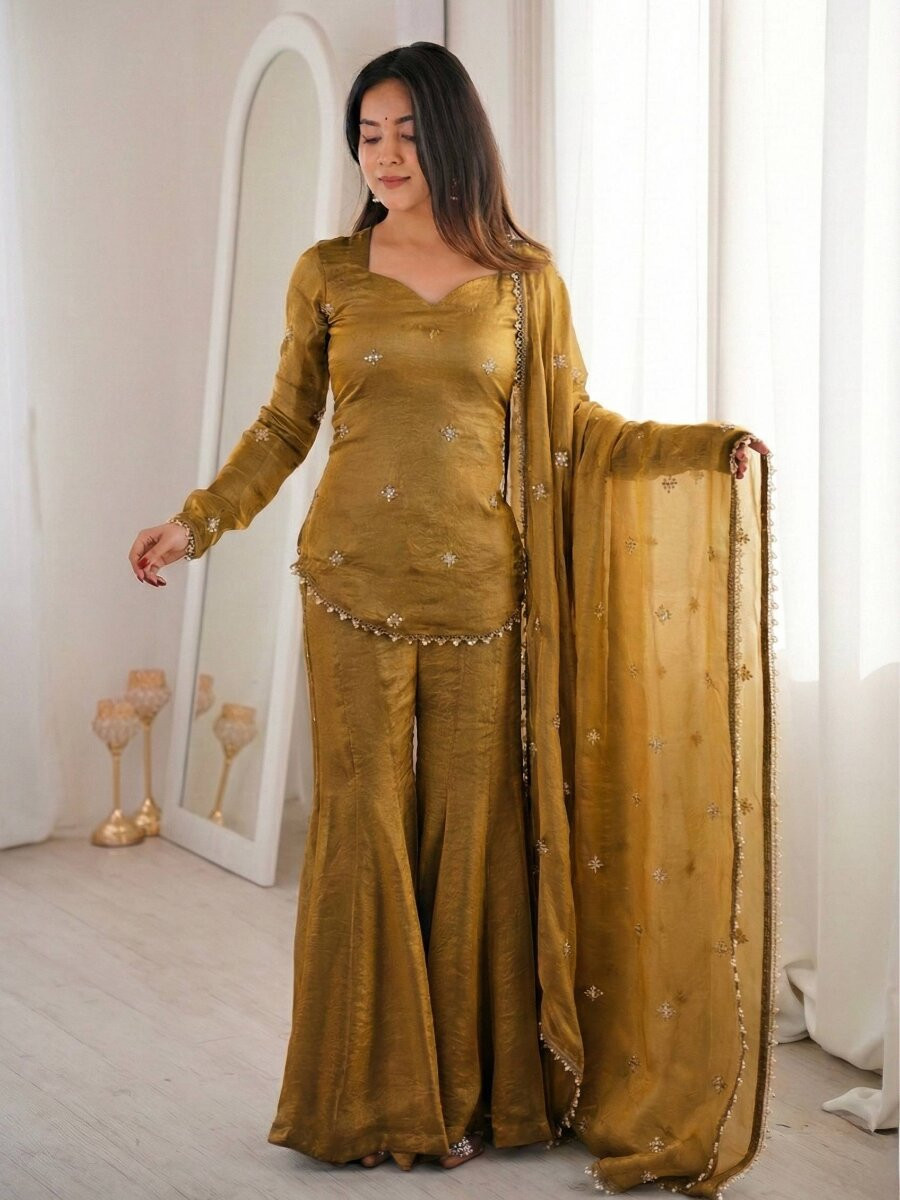 Mustard Fendy Silk Embroidery Lace Work Sequins Wedding Festival Party Casual Ready Sharara Pant Salwar Kameez