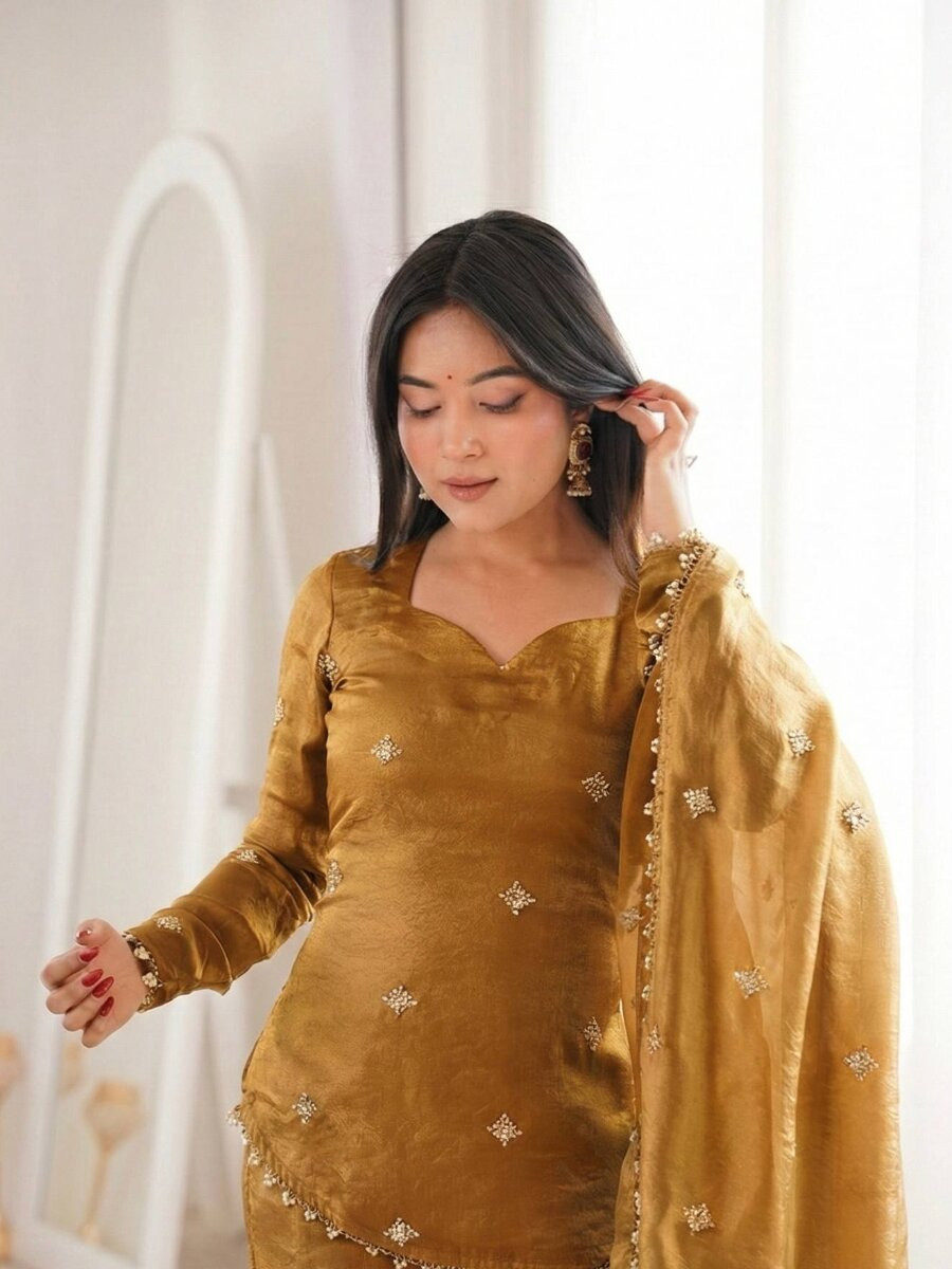 Mustard Fendy Silk Embroidery Lace Work Sequins Wedding Festival Party Casual Ready Sharara Pant Salwar Kameez