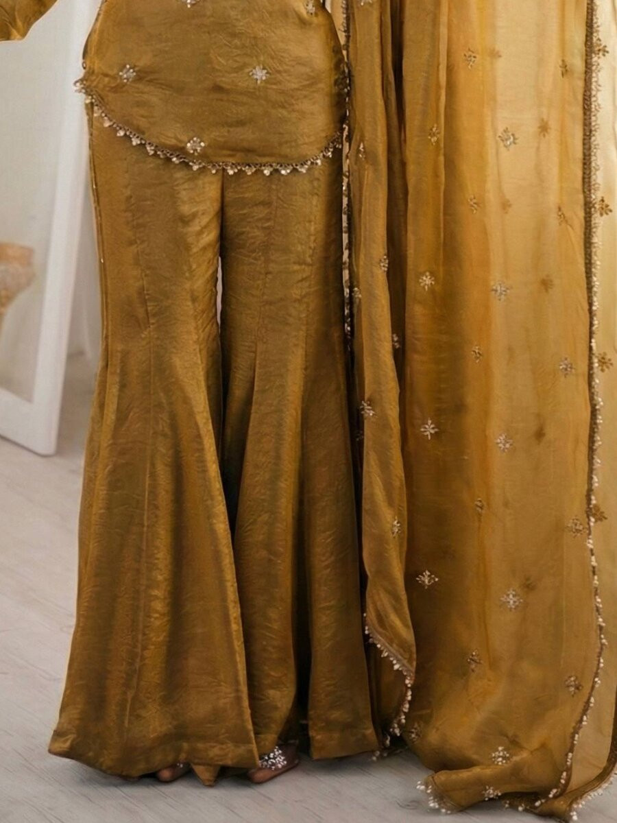 Mustard Fendy Silk Embroidery Lace Work Sequins Wedding Festival Party Casual Ready Sharara Pant Salwar Kameez