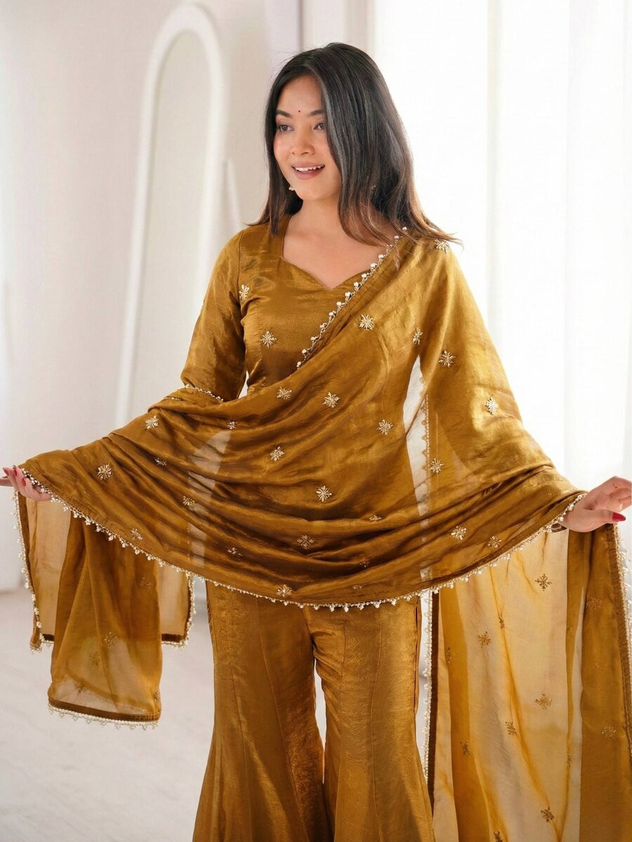 Mustard Fendy Silk Embroidery Lace Work Sequins Wedding Festival Party Casual Ready Sharara Pant Salwar Kameez