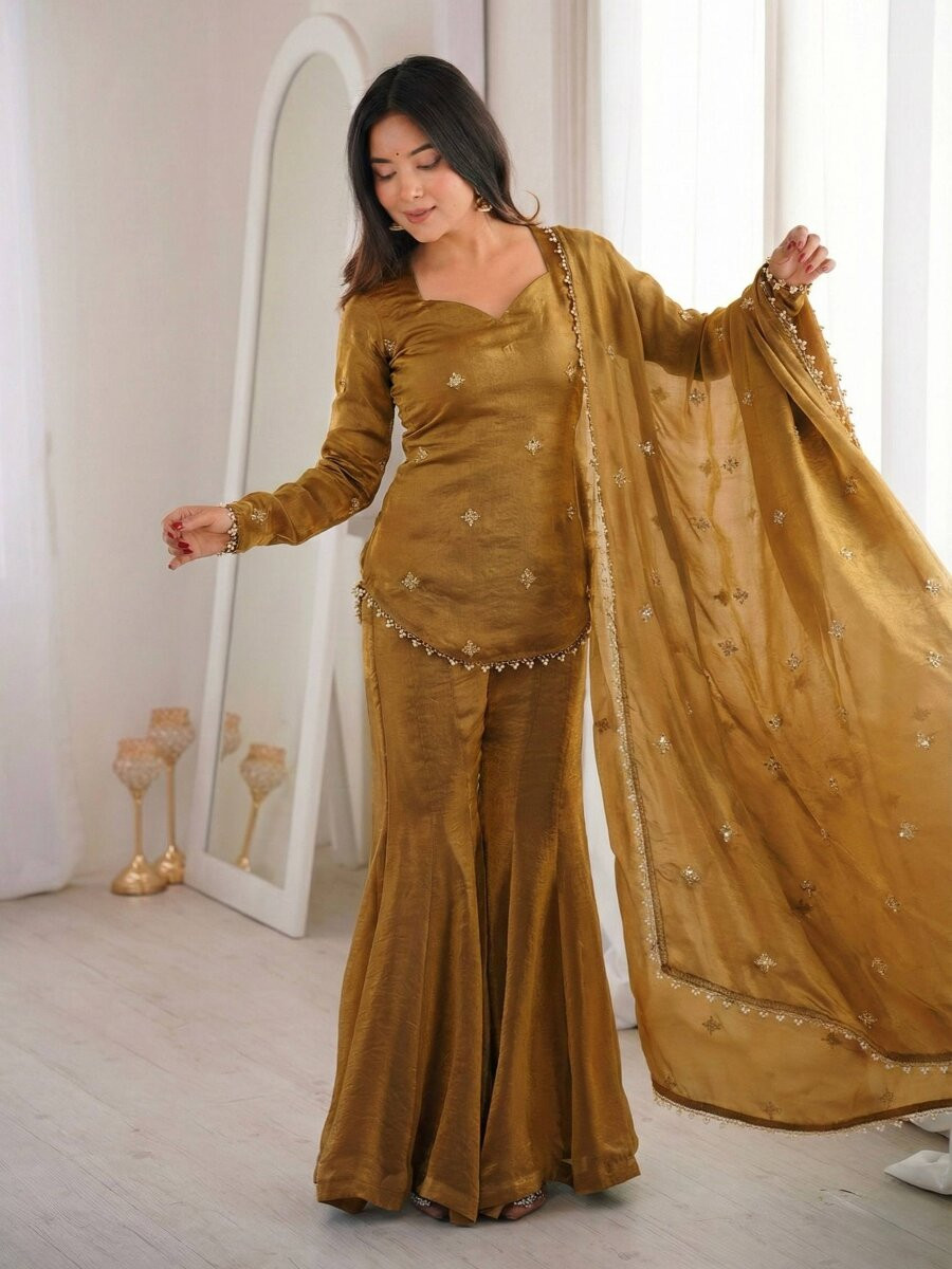 Mustard Fendy Silk Embroidery Lace Work Sequins Wedding Festival Party Casual Ready Sharara Pant Salwar Kameez