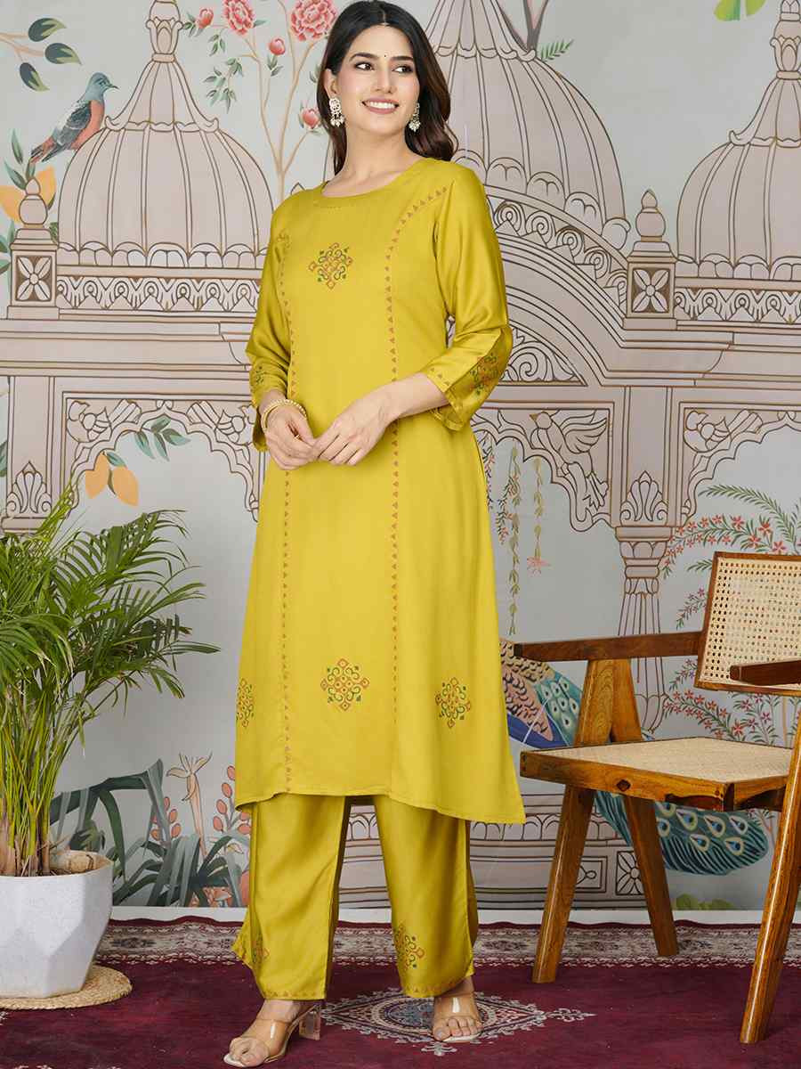 Mustard Gajji Silk Printed Festival Casual Kurti