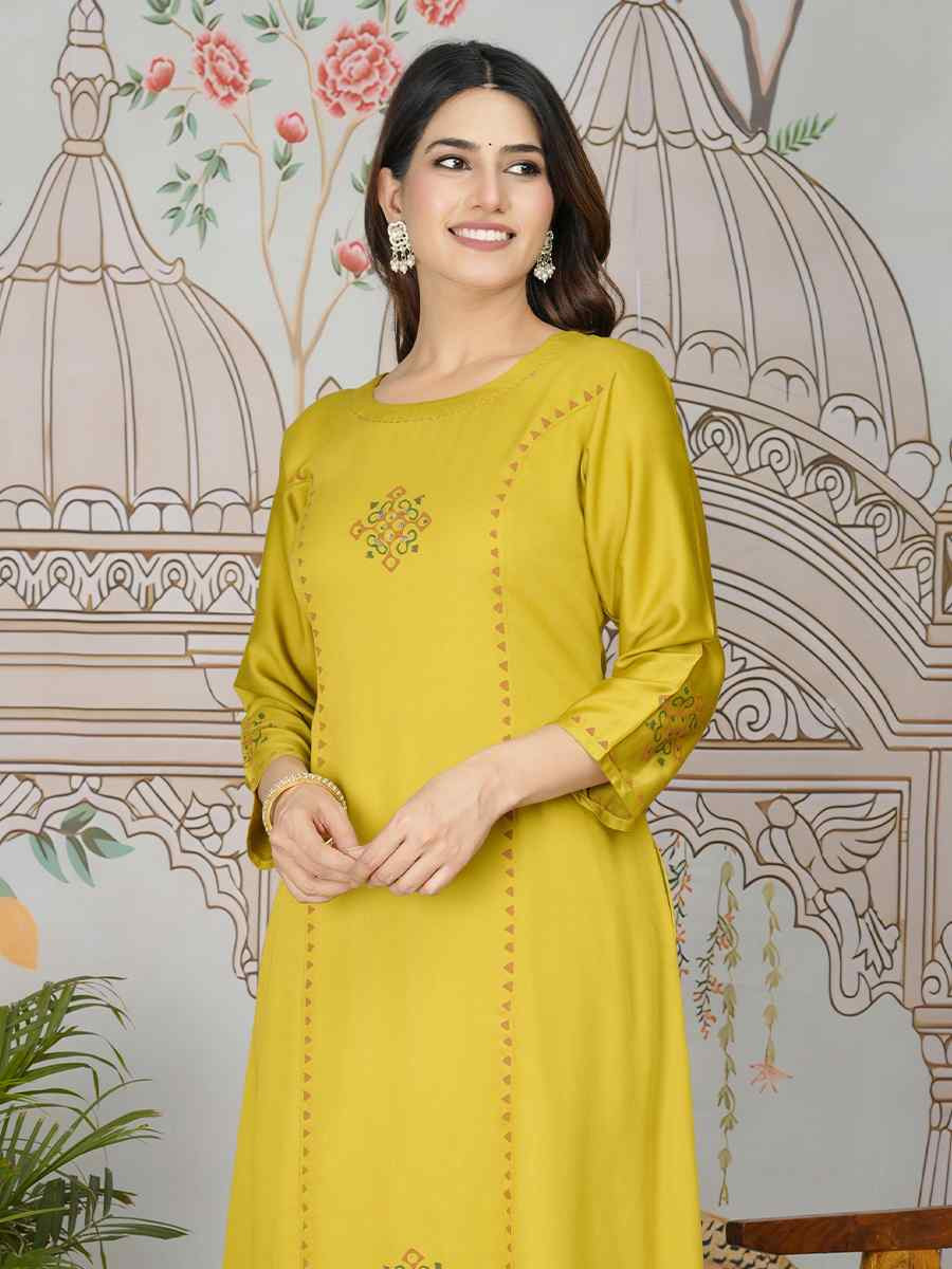Mustard Gajji Silk Printed Festival Casual Kurti