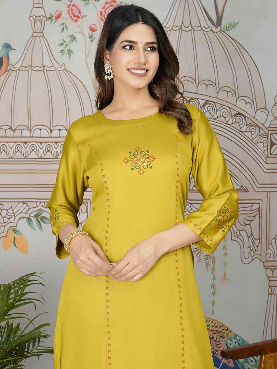 Mustard Gajji Silk Printed Festival Casual Kurti