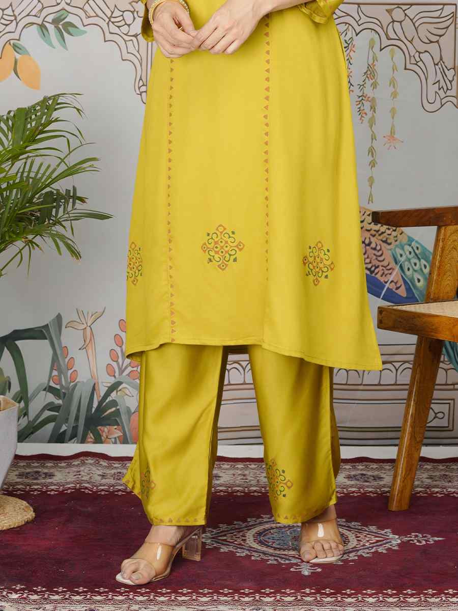 Mustard Gajji Silk Printed Festival Casual Kurti