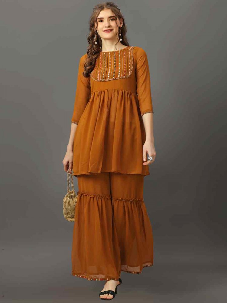 Mustard Georgette Embroidered Festival Casual Kurti with Bottom