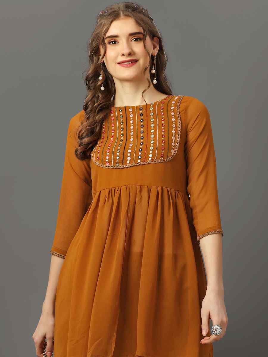 Mustard Georgette Embroidered Festival Casual Kurti with Bottom