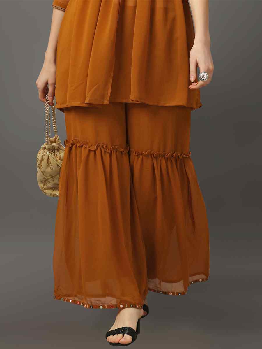 Mustard Georgette Embroidered Festival Casual Kurti with Bottom