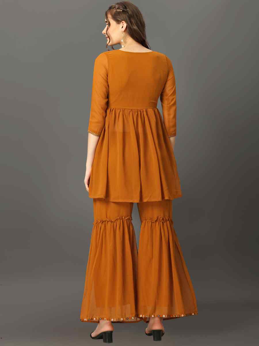 Mustard Georgette Embroidered Festival Casual Kurti with Bottom