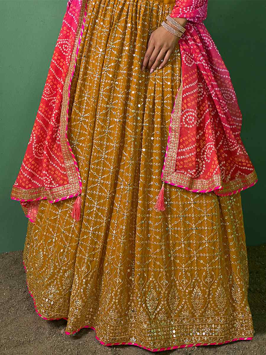 Mustard Georgette Embroidered Festival Wedding Circular Lehenga Choli