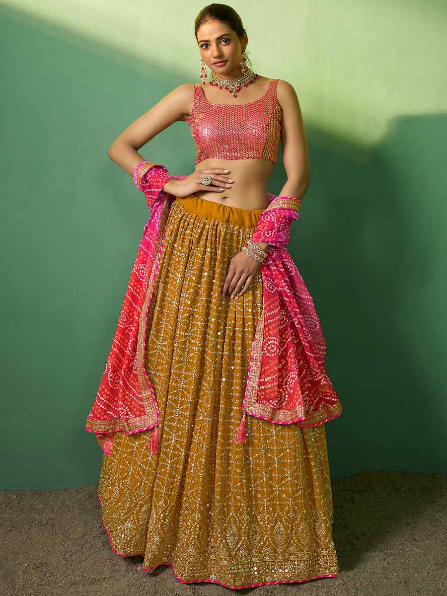 Mustard Georgette Embroidered Festival Wedding Circular Lehenga Choli