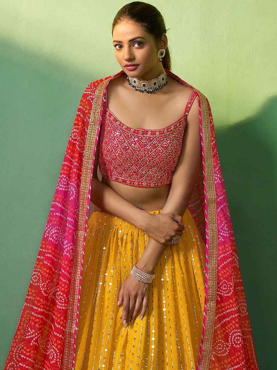 Mustard Georgette Embroidered Festival Wedding Circular Lehenga Choli