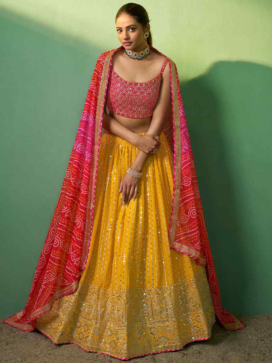 Mustard Georgette Embroidered Festival Wedding Circular Lehenga Choli