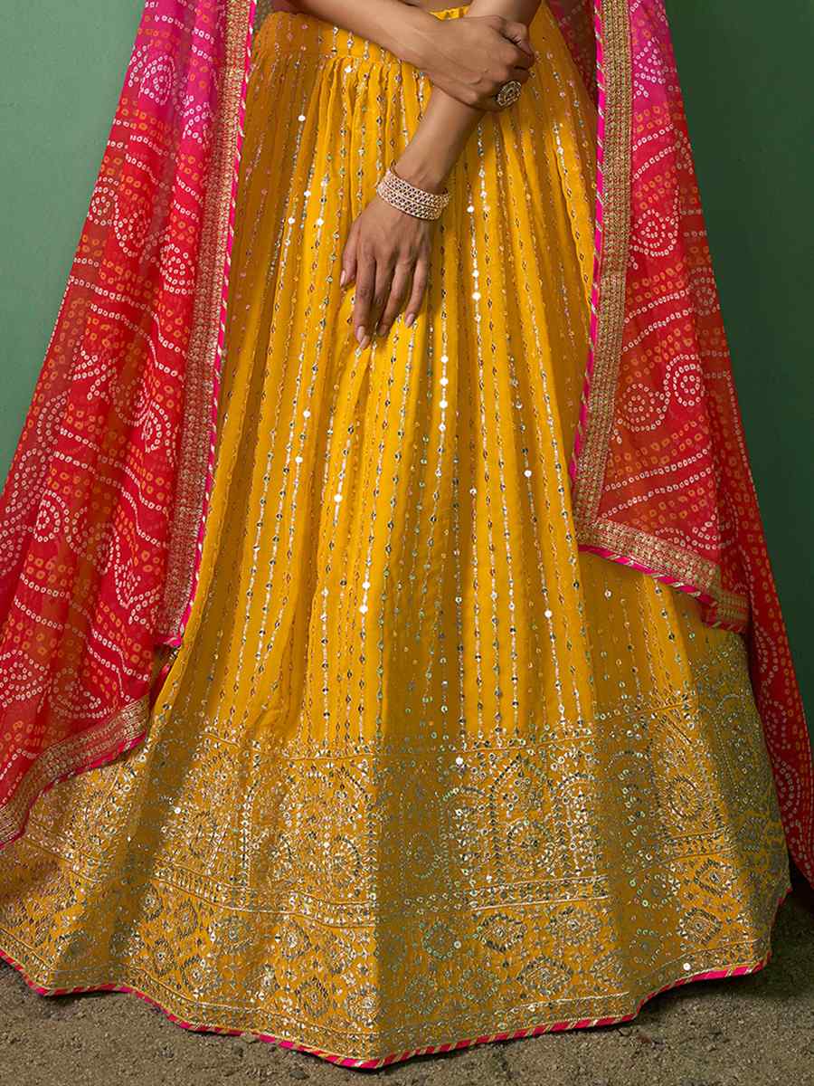 Mustard Georgette Embroidered Festival Wedding Circular Lehenga Choli