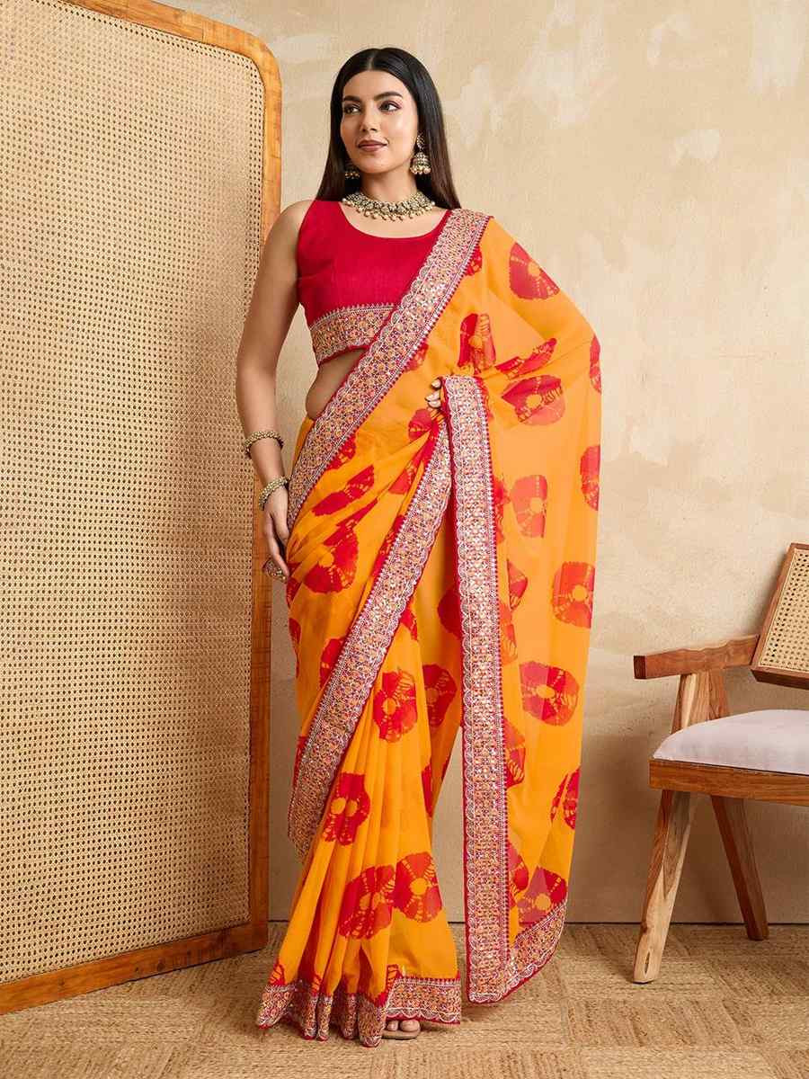 Mustard Georgette Embroidered Festival Wedding Fancy Heavy Border Saree