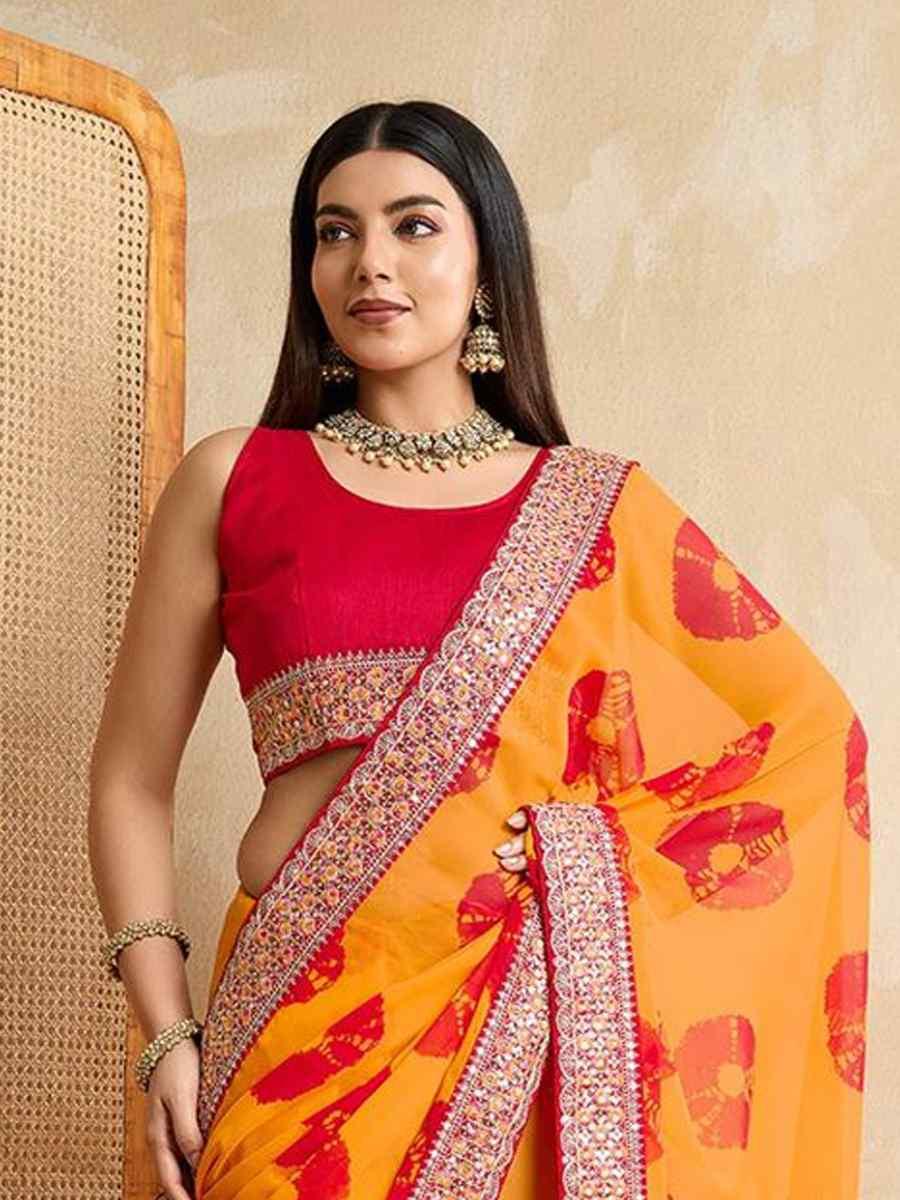 Mustard Georgette Embroidered Festival Wedding Fancy Heavy Border Saree