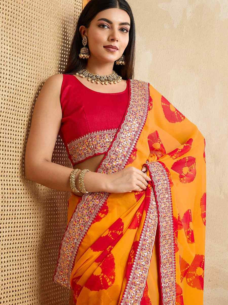 Mustard Georgette Embroidered Festival Wedding Fancy Heavy Border Saree