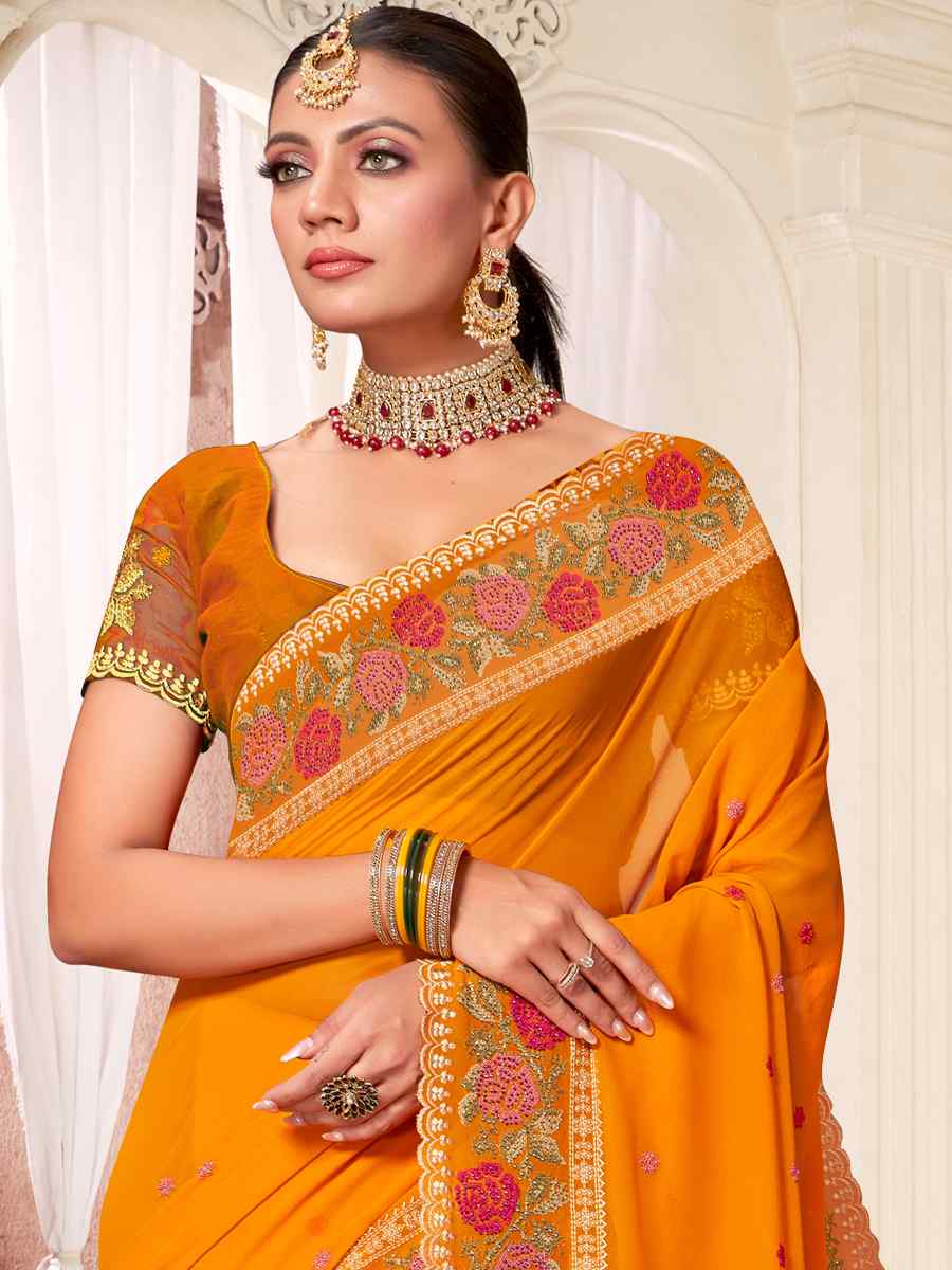 Mustard Georgette Embroidered Party Festival Heavy Border Saree