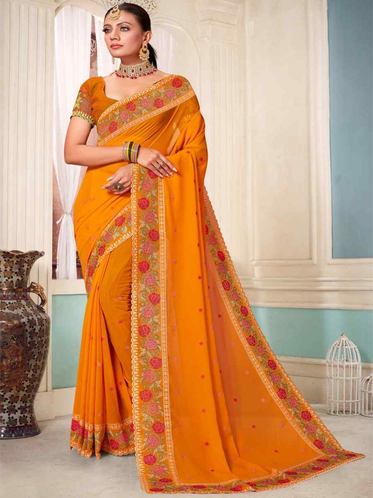 Mustard Georgette Embroidered Party Festival Heavy Border Saree