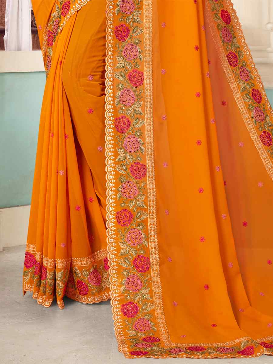 Mustard Georgette Embroidered Party Festival Heavy Border Saree
