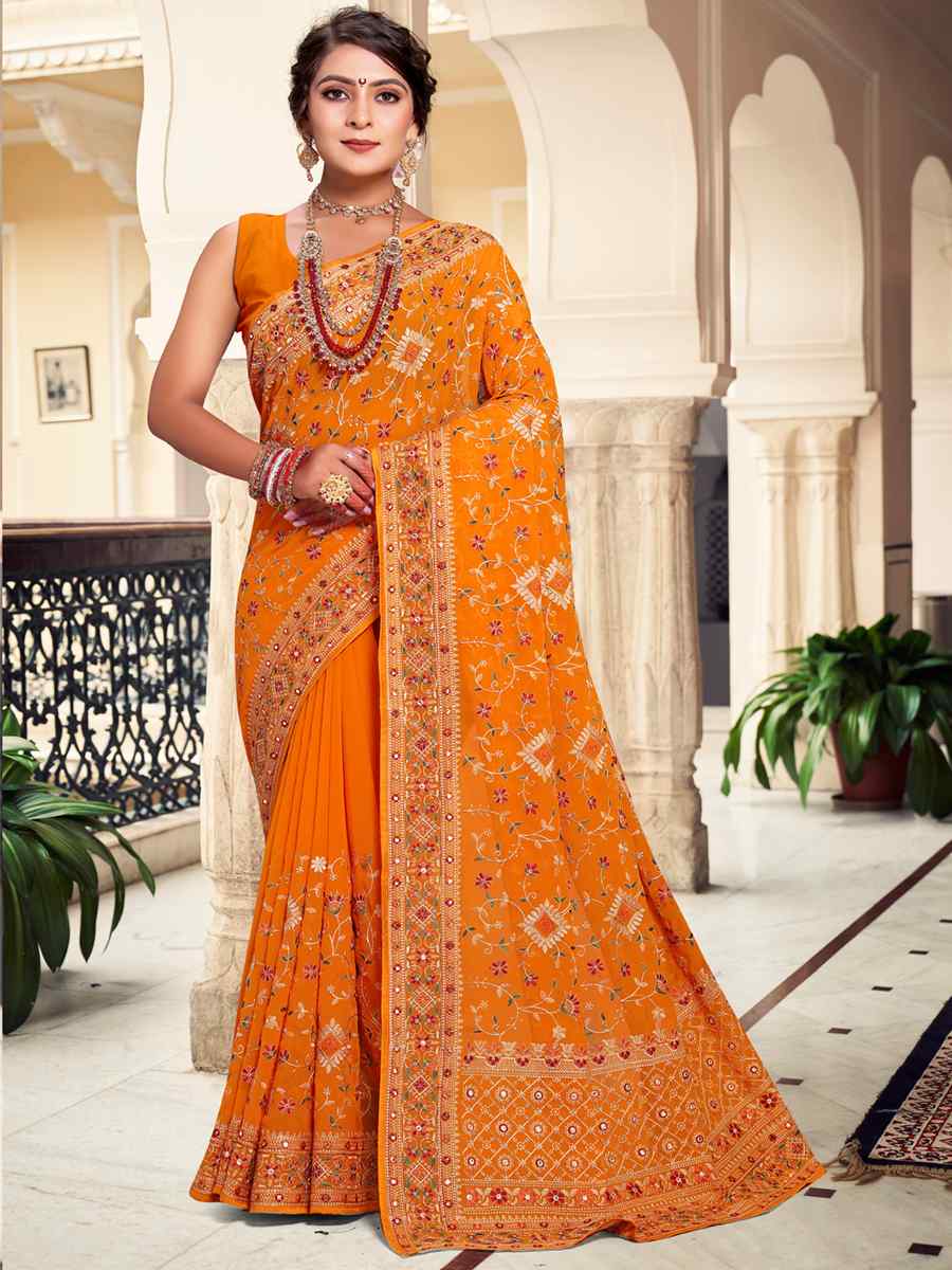 Mustard Georgette Embroidered Reception Party Heavy Border Saree