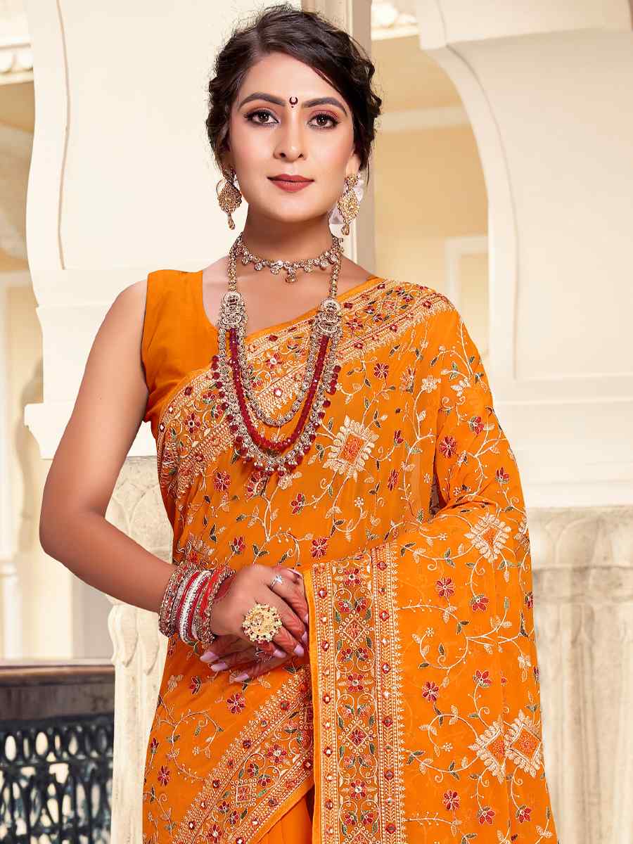 Mustard Georgette Embroidered Reception Party Heavy Border Saree