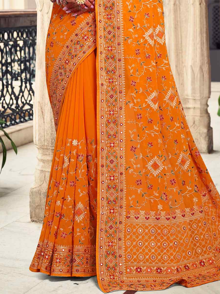 Mustard Georgette Embroidered Reception Party Heavy Border Saree