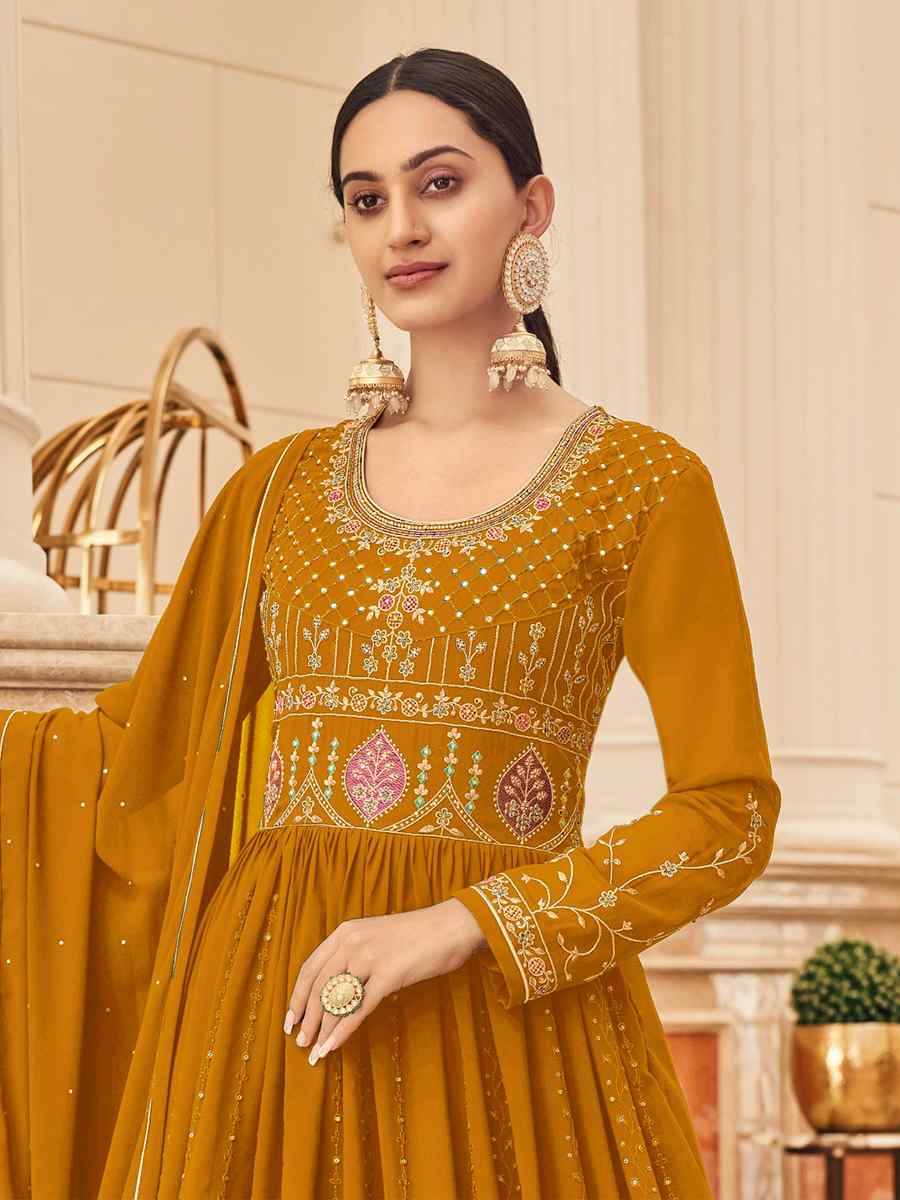 Mustard Georgette Embroidered Wedding Festival Anarkali Salwar Kameez