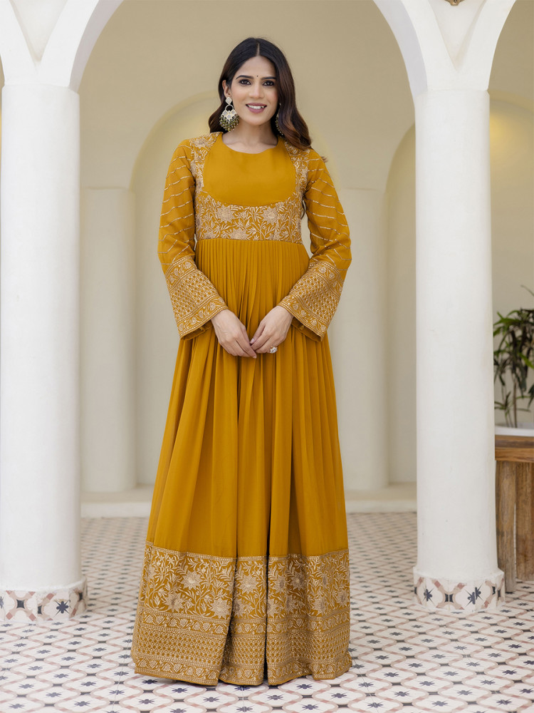 Image of Mustard Georgette Embroidered Wedding Festival Casual Party Wear Gown Women Wear