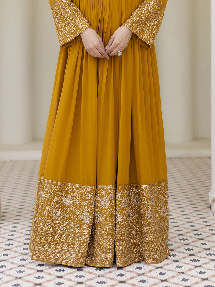 Mustard Georgette Embroidered Wedding Festival Casual Party Wear Gown Women Wear