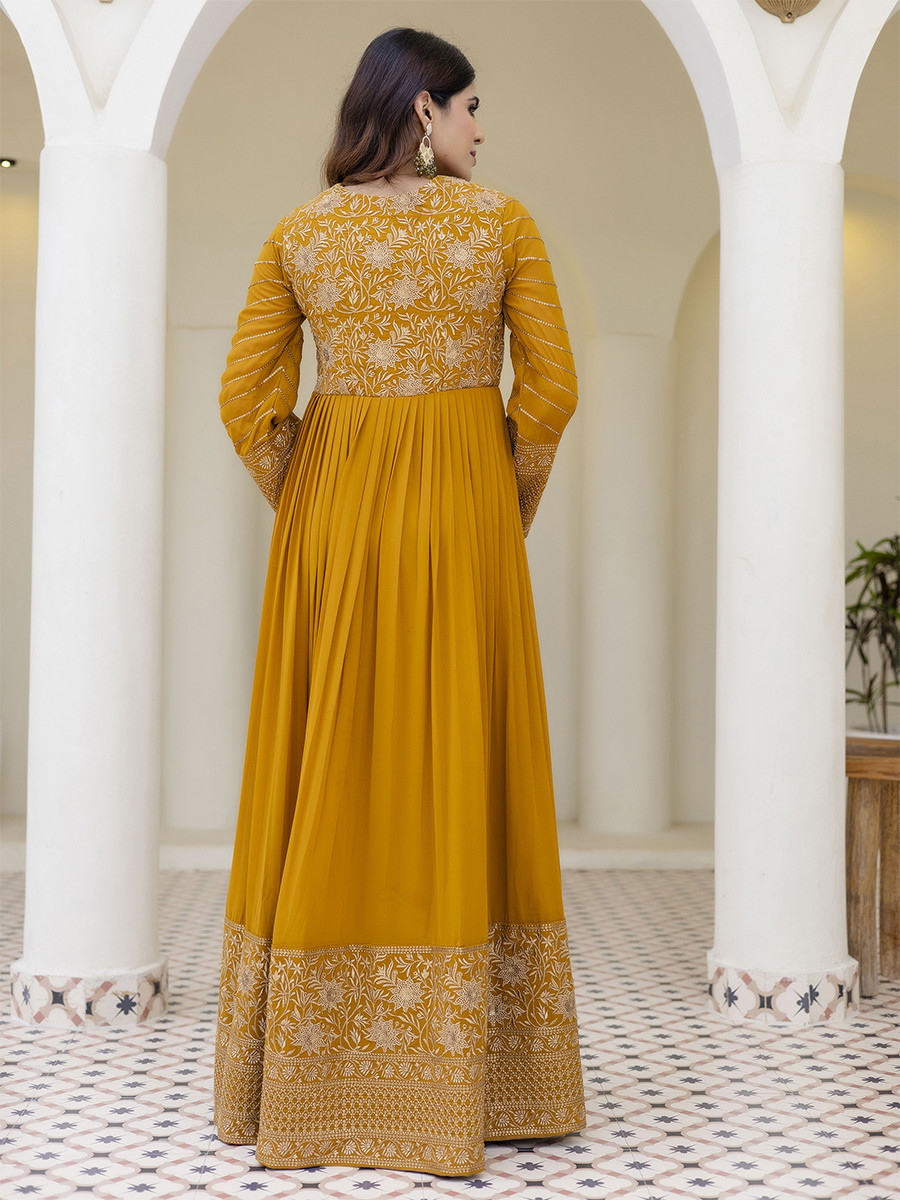 Mustard Georgette Embroidered Wedding Festival Casual Party Wear Gown Women Wear