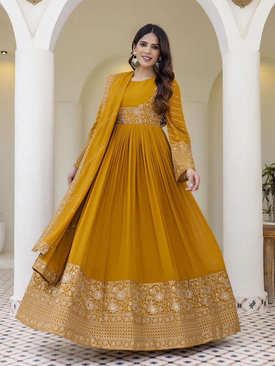 Mustard Georgette Embroidered Wedding Festival Casual Party Wear Gown Women Wear