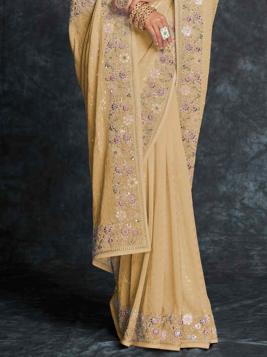 Mustard Georgette Embroidered Wedding Festival Heavy Border Saree