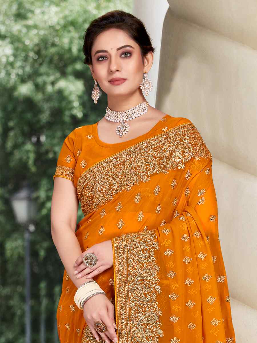 Mustard Georgette Embroidered Wedding Festival Heavy Border Saree