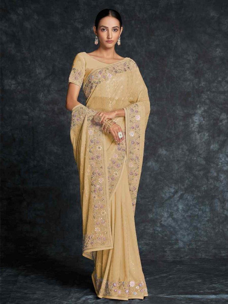 Mustard Georgette Embroidered Wedding Festival Heavy Border Saree