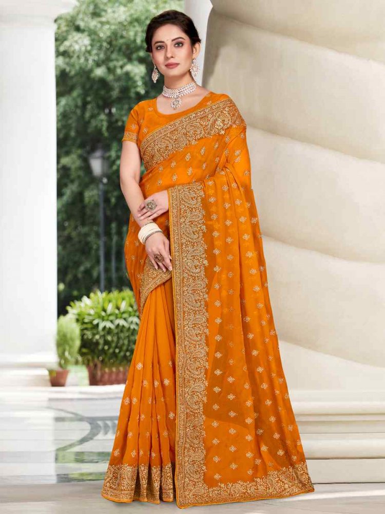 Mustard Georgette Embroidered Wedding Festival Heavy Border Saree