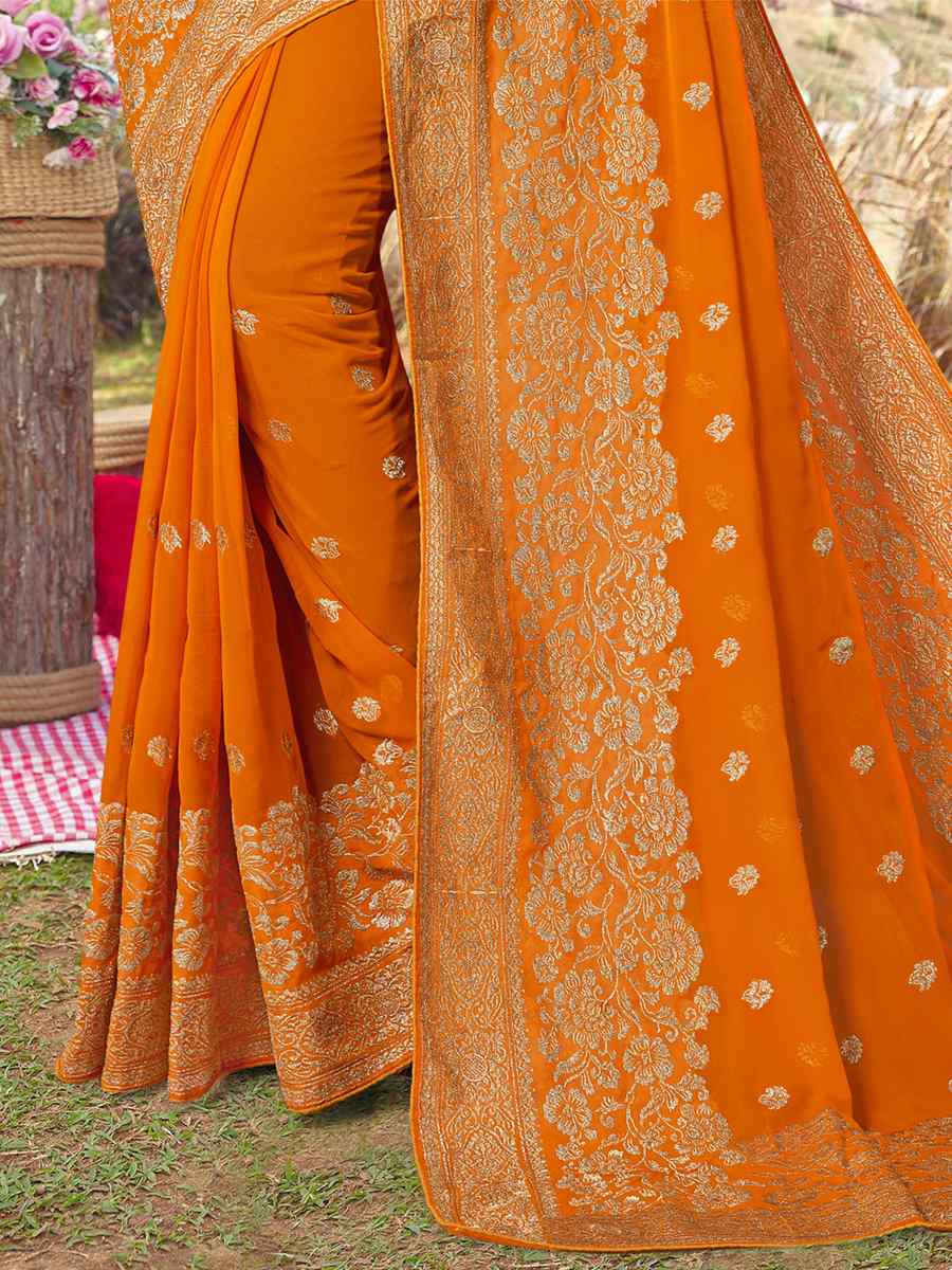 Mustard Georgette Embroidered Wedding Festival Heavy Border Saree