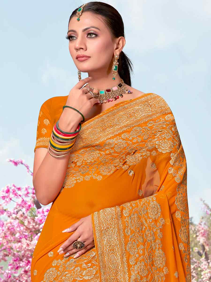 Mustard Georgette Embroidered Wedding Festival Heavy Border Saree