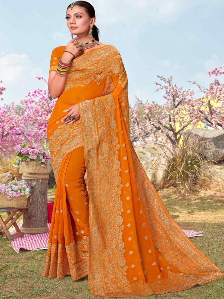 Mustard Georgette Embroidered Wedding Festival Heavy Border Saree