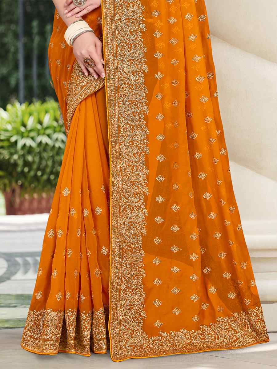 Mustard Georgette Embroidered Wedding Festival Heavy Border Saree