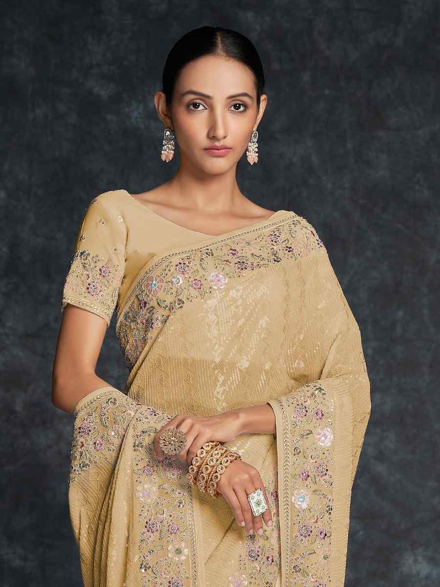 Mustard Georgette Embroidered Wedding Festival Heavy Border Saree