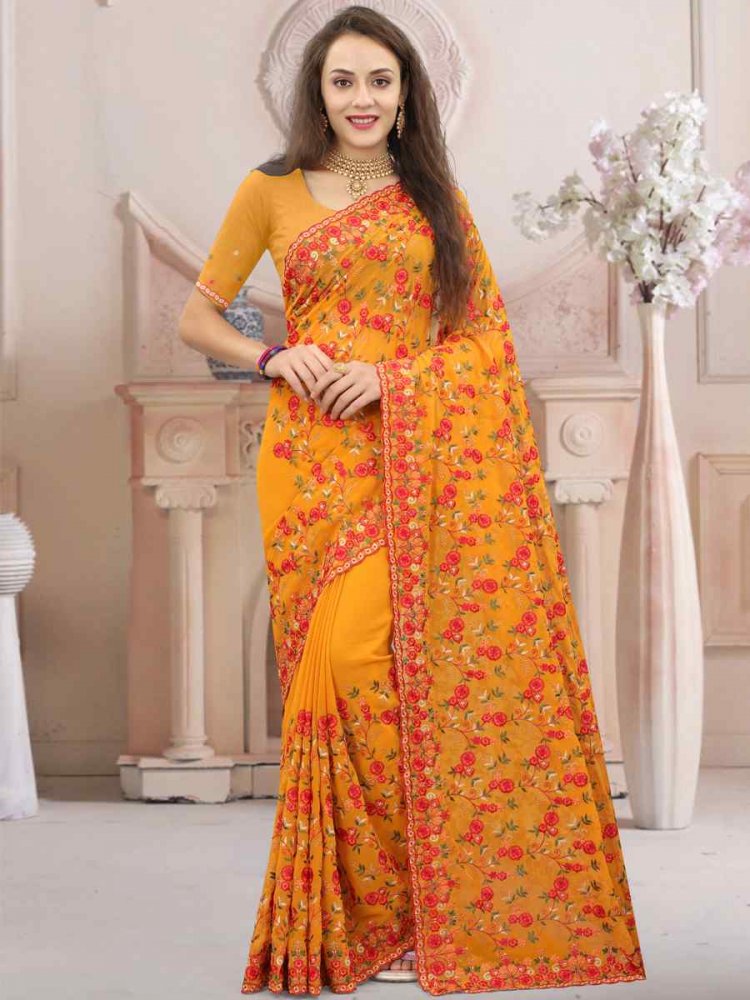 Mustard Georgette Embroidered Wedding Party Georgette Classic Style Saree