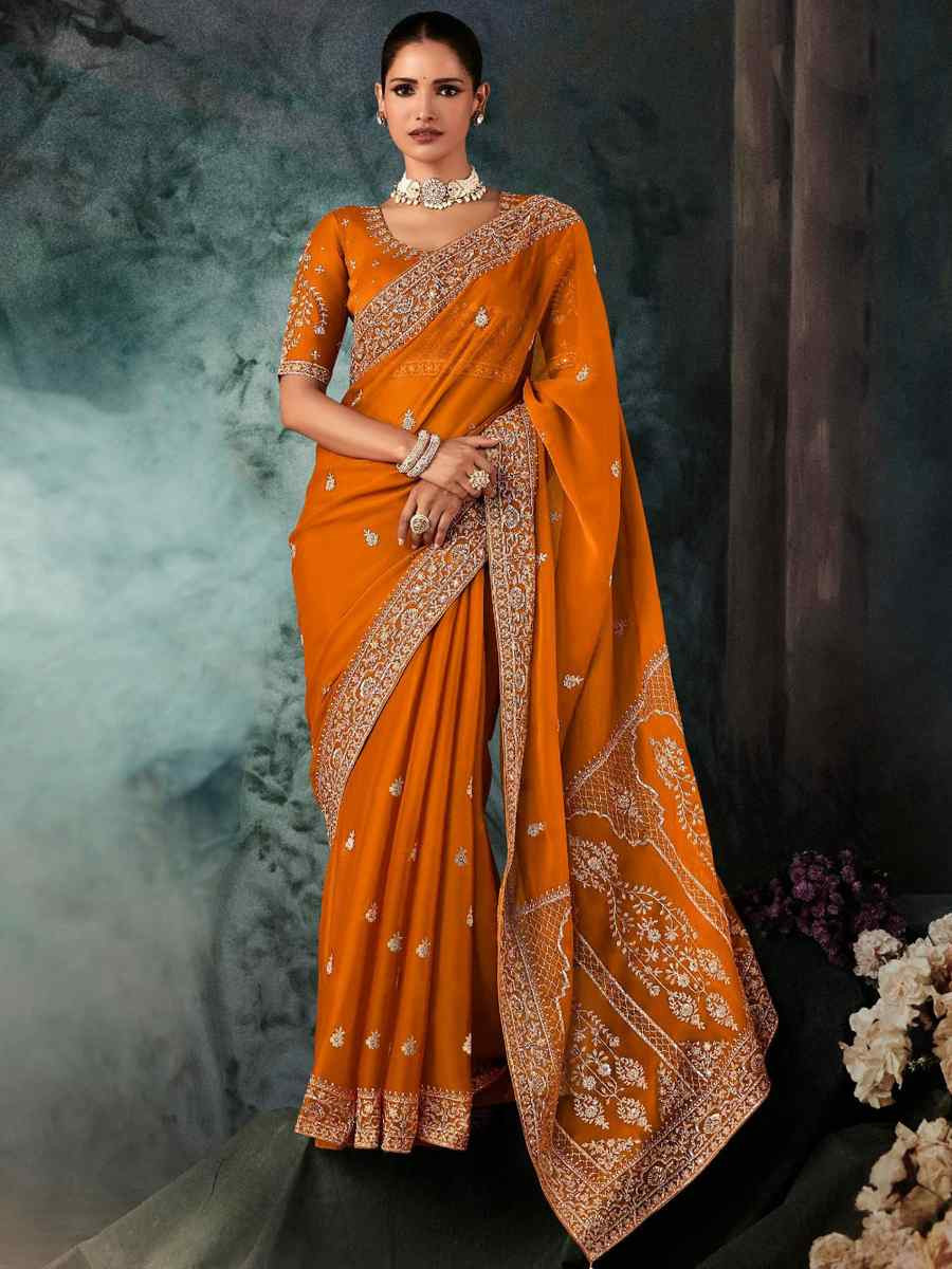 Mustard Georgette Embroidery Bridal Reception Festival Wedding Fancy Heavy Border Saree