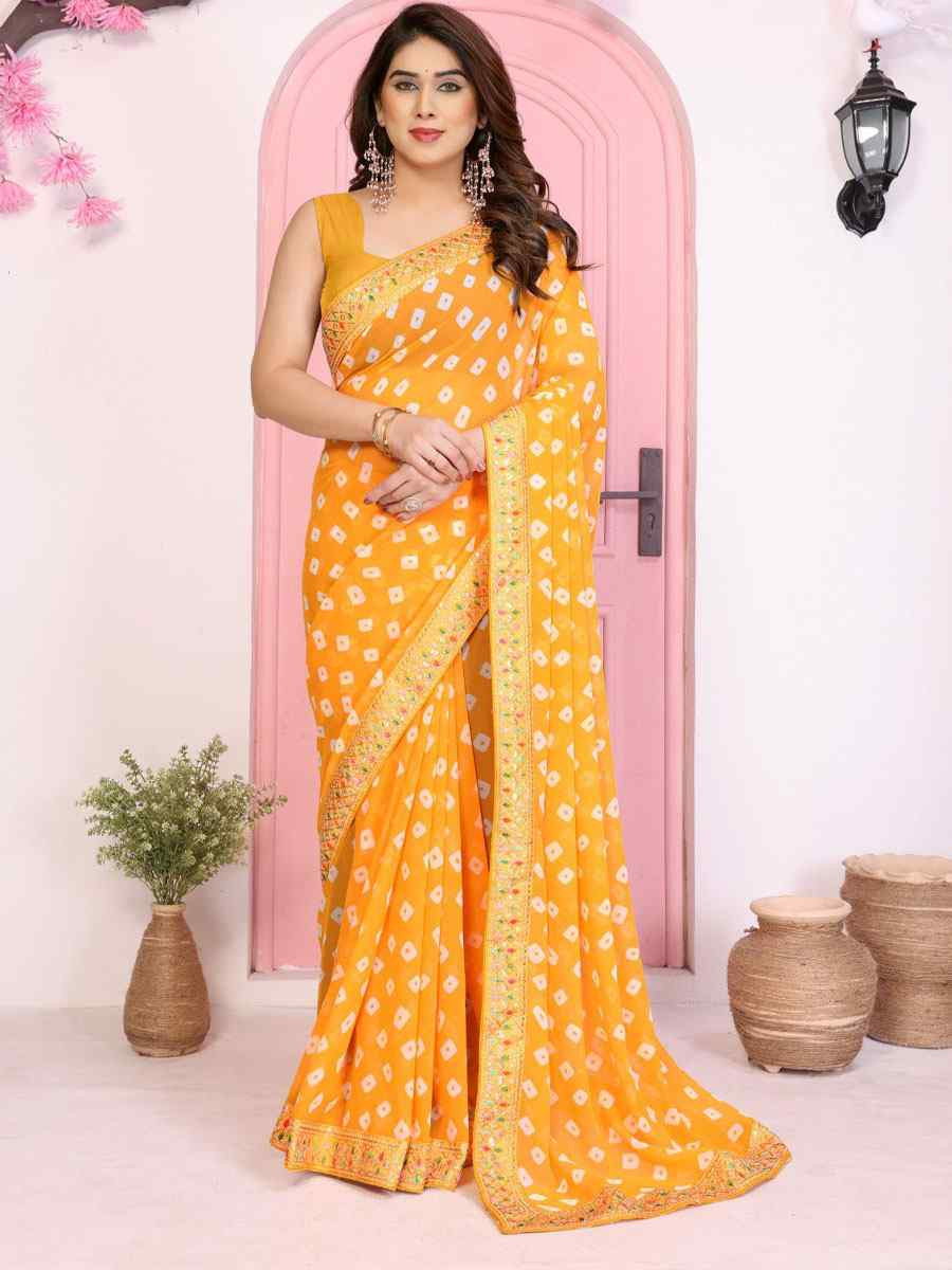 Mustard Georgette Embroidery Printed Traditional Bridal Reception Festival Wedding Fancy Heavy Border Saree