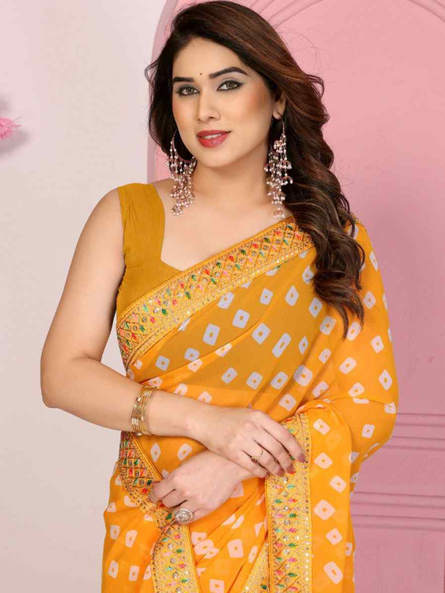 Mustard Georgette Embroidery Printed Traditional Bridal Reception Festival Wedding Fancy Heavy Border Saree