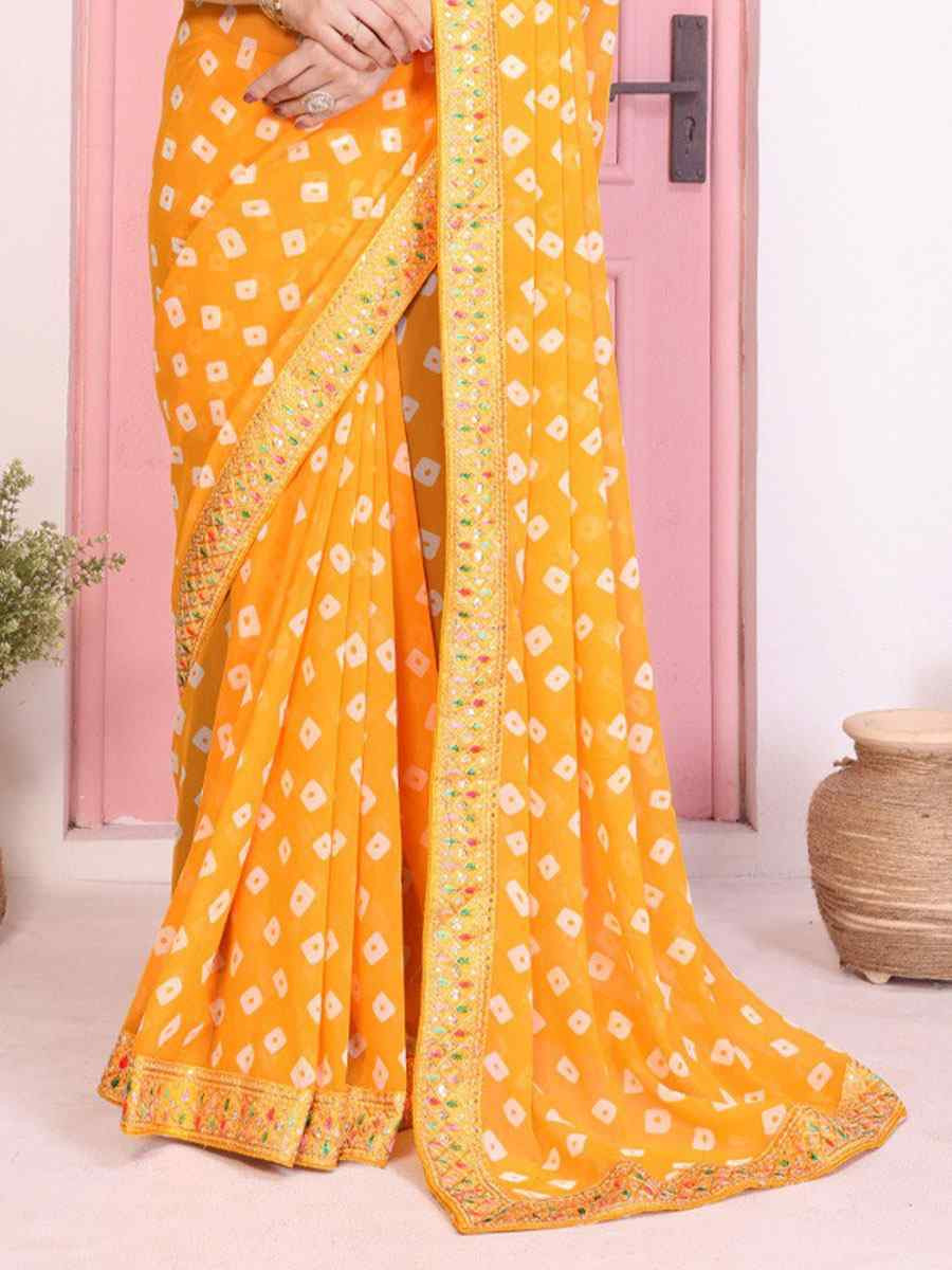 Mustard Georgette Embroidery Printed Traditional Bridal Reception Festival Wedding Fancy Heavy Border Saree