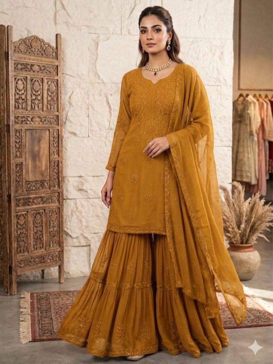 Mustard Georgette Embroidery Sequins Wedding Party Festival Casual Sharara Pant Salwar Kameez