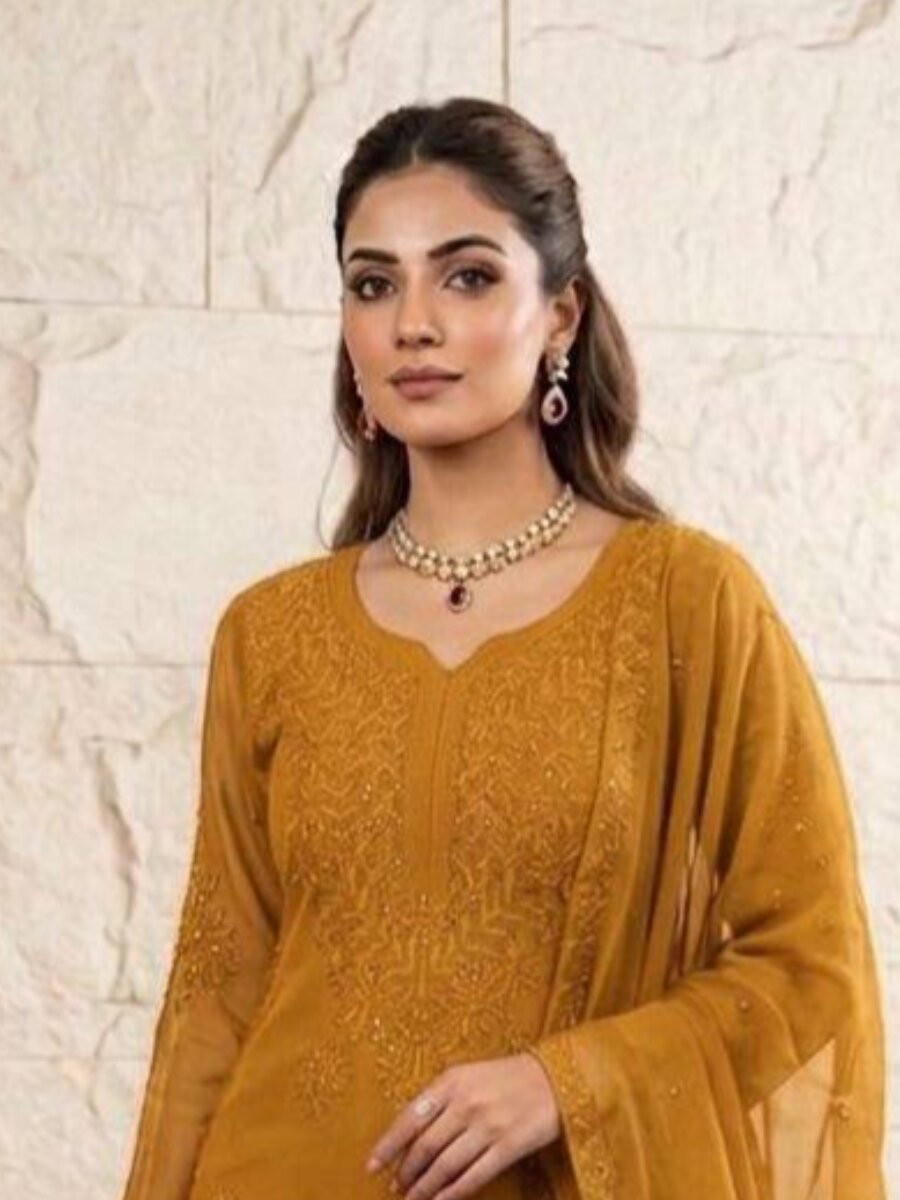 Mustard Georgette Embroidery Sequins Wedding Party Festival Casual Sharara Pant Salwar Kameez